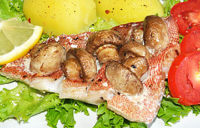 Морской окунь с грибами и сливками