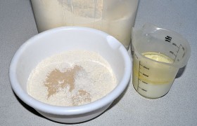 На фото – все ингредиенты. В миске – просеянная мука, сюда же засыпаем дрожжи. В пластиковом стакане – чуть теплое молоко с сахаром, солью и маслом.